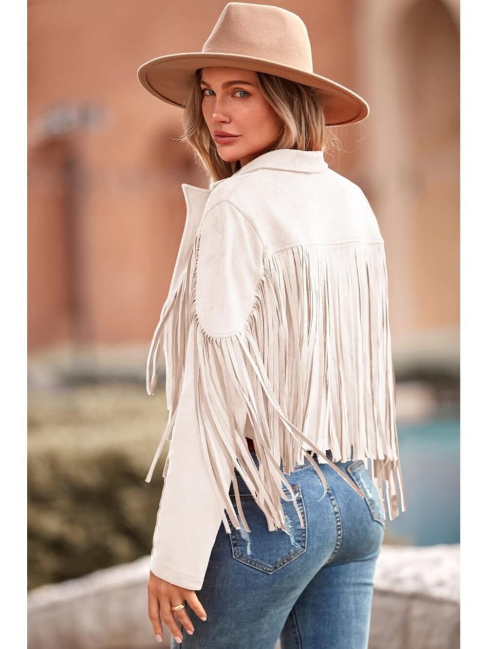 Women's Beige White Polyester Blend Faux Suede Leather Motorcycle Cropped Jacket - Picture 2 of 6
